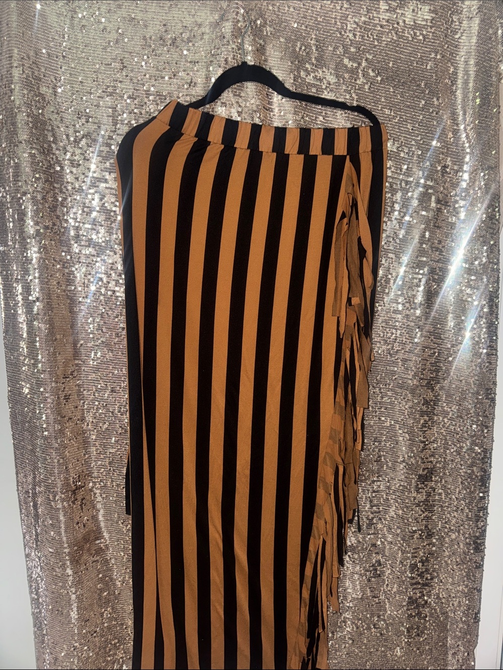 glam Black and Tan Vertical Stripe Fringe Maxi Skirt